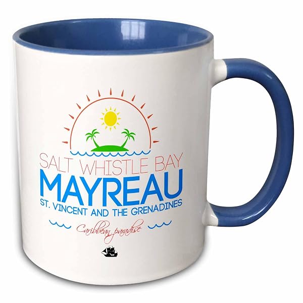 White and blue mug with a Salt Whistle Bay Mayreau design