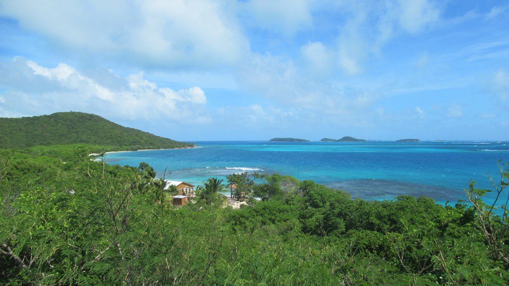Green hillside overlooking the sea and the Tobago Cays